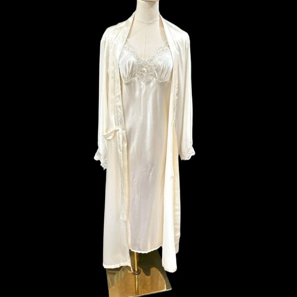 VTG Oscar de la Renta Pink Label Cream Satin Robe Nightgown Set Size XL Bridal